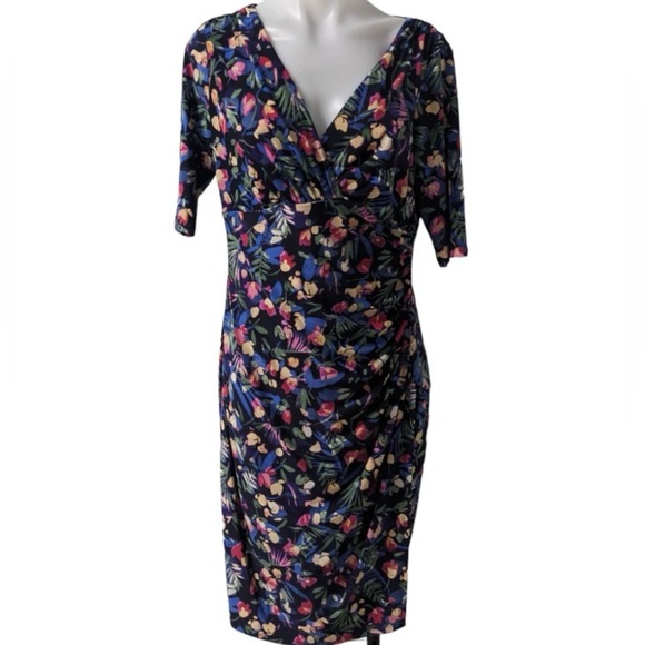 Lauren Ralph Lauren Size 10 Sheath Dress Black Floral Botanical Surplice V Neck - Picture 2 of 14